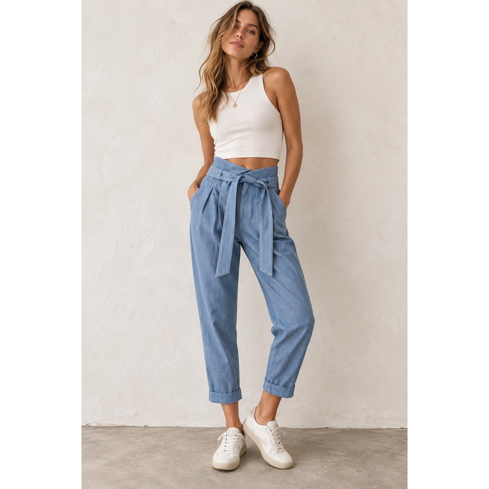 Choosy Womens High Waisted Paperbag Pants Blue Chambray Tie Waist Size 0 NWT